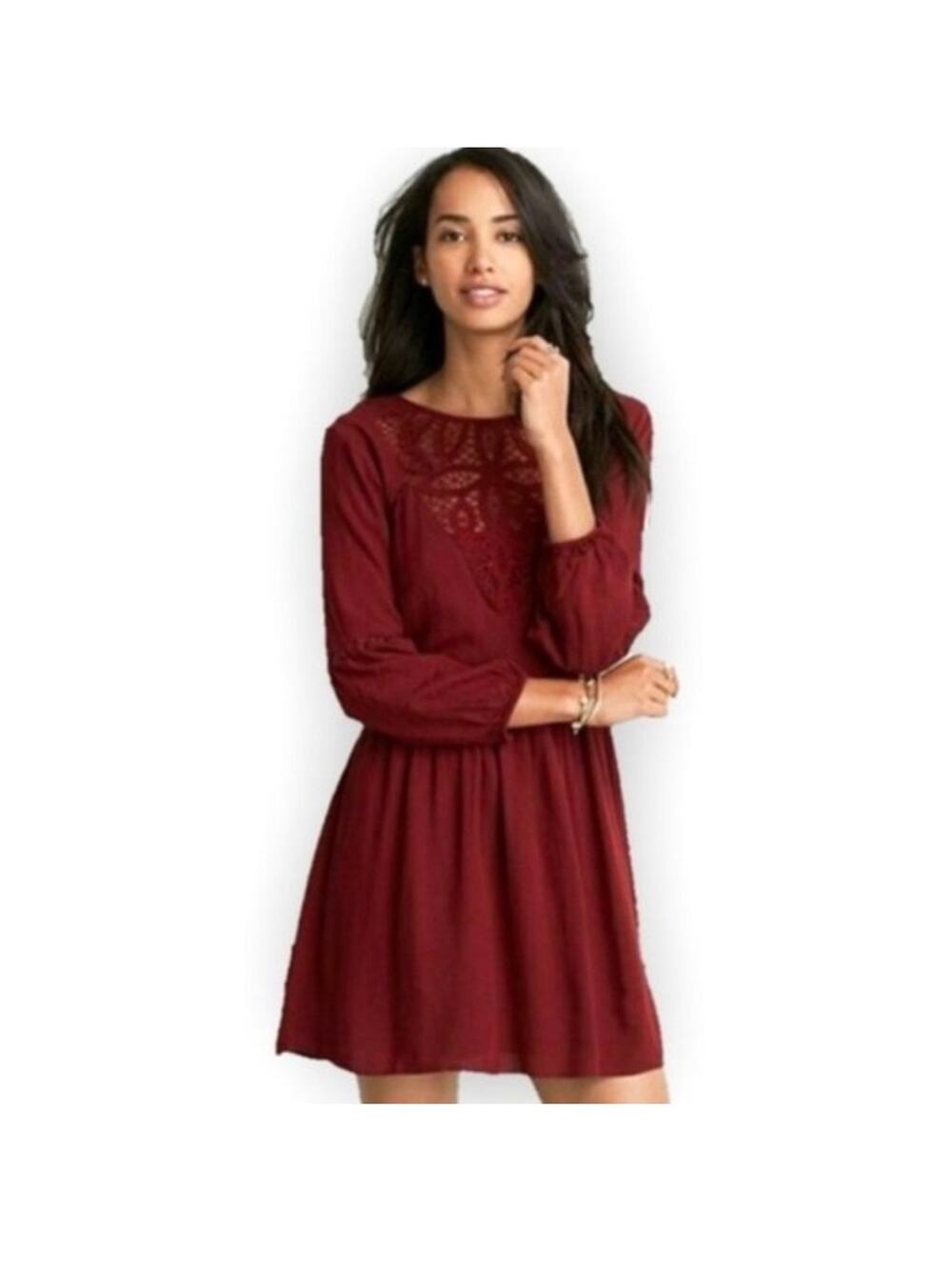 American Eagle Lace Fit & Flare Mini Dress Small Burgundy Long Sleeve Open Back